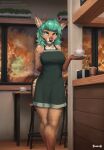  anthro antlers apron apron_only brown_body brown_fur cafe capreoline clothed clothing coffee_cup container cup danae_(character) deer female foxovh fur furniture green_eyes green_hair hair hi_res horn inside looking_at_viewer mammal mostly_nude plate reindeer smile solo table waiter 