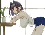  1girl alternate_costume armpits backlighting bent_over black_hair blue_eyes blue_shorts blush breasts crossed_arms from_side grin hair_intakes hanging_breasts hashtag-only_commentary hololive hololive_english large_breasts looking_at_viewer nurizza_ilst ouro_kronii plant potted_plant shirt shorts sleeveless sleeveless_shirt smile solo table virtual_youtuber white_shirt window 