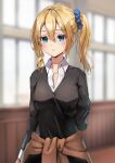  1girl arm_behind_back blonde_hair blue_eyes blue_scrunchie blurry blush breasts brown_cardigan cardigan cardigan_around_waist clothes_around_waist depth_of_field hair_between_eyes hair_ornament hair_scrunchie hayasaka_ai highres indoors kaguya-sama_wa_kokurasetai_~tensai-tachi_no_renai_zunousen~ open_mouth school_uniform scrunchie shironeko_yuuki shuuchiin_academy_school_uniform side_ponytail sidelocks solo window 