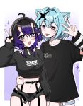  2girls :3 :d absurdres ahoge animal_ear_fluff animal_ears aoiro_arts arm_at_side belt black-framed_eyewear black_belt black_choker black_gloves black_hair black_panties black_shirt black_sleeves blue_choker blue_hair blush border breasts broken_heart_print cat_ears cat_girl choker closed_mouth collarbone commentary commission cowboy_shot crop_top cropped_shirt demon_girl demon_horns denim denim_shorts detached_sleeves double-parted_bangs ear_piercing english_commentary facial_mark fingerless_gloves flat_chest garter_belt garter_straps glasses gloves gradient_hair hair_between_eyes hair_intakes hair_ornament hand_on_another's_waist hand_up heart heart_facial_mark heart_print highleg highleg_panties highres horns layered_shirt long_sleeves looking_at_another looking_at_viewer medium_breasts medium_hair micro_shorts multicolored_hair multiple_girls navel no_pants o-ring o-ring_thigh_strap open_belt open_fly open_mouth original outside_border pale_skin panties piercing pointy_ears puffy_short_sleeves puffy_sleeves purple_background purple_eyes purple_hair round_eyewear shirt short_hair short_sleeves shorts side-by-side sidelocks simple_background skin-covered_horns sleeveless sleeveless_shirt smile sparkle_hair_ornament standing stomach striped_sleeves t-shirt thigh_gap thigh_strap tongue tongue_out two-tone_background two-tone_hair two-tone_sleeves underwear v v-shaped_eyebrows w white_background white_border white_sleeves wide_sleeves 