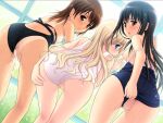  3girls ass bent_over bishoujo_(game) black_hair blonde_hair blue_eyes blush breasts brown_eyes brown_hair censored clothes_pull clothing_aside cum cum_in_pussy cumdrip game_cg haruna_altonen large_variant_set long_hair looking_back mosaic_censoring multiple_girls nipples nonohara_miki one-piece_swimsuit one-piece_swimsuit_pull one-piece_tan pussy school_swimsuit small_breasts swimsuit swimsuit_aside tachibana_kyouka_(bishoujo) tan tanlines variant_set watase_tamaki wet white_one-piece_swimsuit 