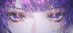  1girl chinese_commentary close-up commentary_request eye_focus eye_reflection eyebrows_hidden_by_hair genshin_impact glaring hair_between_eyes highres lofter_username looking_at_viewer mole mole_under_eye purple_eyes purple_hair raiden_shogun reflection signature solo sparkle upper_body zhumojian 