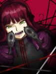  1girl aiming aiming_at_viewer commentary dual_wielding elbow_gloves finger_on_trigger floating_hair gloves green_eyes gun headphones holding holding_gun holding_weapon jacket katori_squad's_uniform katori_youko looking_at_viewer medium_hair open_mouth purple_gloves purple_jacket red_hair solo upper_body user_tfxa3224 weapon wire world_trigger 