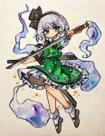  1girl black_bow black_bowtie black_hairband black_shoes blue_eyes bow bowtie commentary_request frilled_skirt frills full_body green_skirt green_vest grey_hair hairband highres hitodama hitodama_print holding holding_sword holding_weapon katana key747h konpaku_youmu konpaku_youmu_(ghost) looking_at_viewer mary_janes print_skirt puffy_short_sleeves puffy_sleeves sheath shoes short_hair short_sleeves skirt skirt_set socks solo sword touhou traditional_media unsheathed vest weapon white_socks 