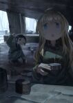  2girls ahoge black_eyes black_hair blonde_hair blue_eyes can chito_(shoujo_shuumatsu_ryokou) commentary_request full_body highres holding holding_can jacket kuthi0510 long_hair long_sleeves looking_at_viewer low_twintails military_uniform multiple_girls no_pupils one_eye_closed open_mouth pants shoujo_shuumatsu_ryokou squatting standing twintails upper_body water_drop yuuri_(shoujo_shuumatsu_ryokou) 