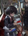  2girls 2others absurdres bag bangs black_hair black_jacket black_skirt blazer blue_eyes book bookmark collared_shirt crossed_legs earbuds earphones english_text feet_out_of_frame from_side ground_vehicle hand_grip highres holding holding_book jacket keychain long_sleeves looking_at_object loose_socks mikun109323 multiple_girls multiple_others neck_ribbon open_mouth original plaid plaid_skirt pleated_skirt profile reading red_ribbon ribbon scenery school_bag school_uniform shirt short_hair sitting skirt socks solo_focus studying train train_interior twitter_username white_shirt 