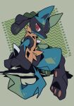  1other closed_mouth commentary full_body furry highres looking_back lucario orange_fur outstretched_arm pokemon pokemon_(creature) red_eyes rushin solo spikes symbol-only_commentary 