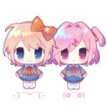  2girls :< arms_at_sides blue_eyes blue_skirt blush bow breasts brown_sweater chinese_commentary closed_mouth collared_shirt commentary_request cowlick doki_doki_literature_club doki_doki_literature_club_school_uniform frown full_body grey_jacket hair_between_eyes hair_bow hair_intakes hair_ribbon hatching_(texture) jacket legs_together long_sleeves looking_at_viewer miniskirt multiple_girls natsuki_(doki_doki_literature_club) neck_ribbon open_clothes open_jacket orange_bow orange_hair orange_outline outline pink_eyes pink_hair pink_outline pleated_skirt raised_eyebrows red_ribbon ribbon sayori_(doki_doki_literature_club) school_uniform shirt shoes short_hair side-by-side sidelocks simple_background skirt small_breasts smile standing straight-on sweater swept_bangs tareme thighhighs tuteo two_side_up v-shaped_eyebrows white_background white_shirt white_shoes white_thighhighs zettai_ryouiki 