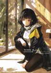  1girl absurdres arknights arknights:_endfield black_coat black_eyes black_hair blunt_bangs closed_mouth coat commentary_request endministrator_(arknights) female_endministrator_(arknights) highres indoors jsnttzzj looking_at_viewer on_one_knee open_clothes open_coat short_hair sidelocks solo squatting sweater white_sweater window 