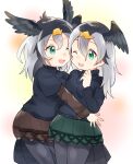  bird_girl dress eyelashes great_cormorant_(kemono_friends) green_eyes grey_hair head_wings highres hug japanese_cormorant_(kemono_friends) jewelry kemono_friends long_hair long_sleeves multiple_girls necklace one_eye_closed open_mouth pantyhose pleated_skirt skirt suicchonsuisui sweater tail_feathers 