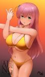  1girl artist_logo artist_name bikini blue_eyes bocchi_the_rock! breasts cleavage commentary_request cowboy_shot gold_bikini gotoh_hitori gradient_background highres large_breasts logo long_hair looking_at_viewer navel one_side_up orange_background partial_commentary pink_hair rudo_villano solo stretching swimsuit 