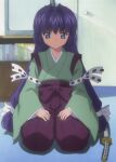  1girl 2000s_(style) green_kimono hakama hakama_pants highres japanese_clothes kamishiro_rin kimono kneeling long_hair maburaho non-web_source pants purple_eyes purple_hair purple_hakama sad samurai stitched sword third-party_edit very_long_hair weapon 