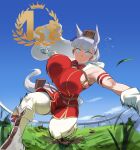  absurdres alternate_breast_size_(larger) animal_ears armband booruguru bow breasts brown_hat commentary constricted_pupils dress ear_bow english_commentary gold_ship_(red_strife)_(umamusume) gold_ship_(umamusume) hat highres horse_ears horse_girl horse_racing_track horse_tail huge_breasts imminent_punch long_hair o-ring outdoors pillbox_hat red_dress striped_armband striped_clothes tail umamusume unaligned_breasts 