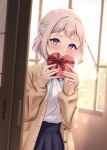  1girl absurdres black_skirt blue_eyes blue_ribbon blush box braid cardigan commentary_request covered_mouth gakuen_idolmaster gift gift_box grey_hair hair_ribbon half_up_braid heart-shaped_box highres holding holding_gift idolmaster indoors katsuragi_lilja looking_at_viewer miyuki_kotori neck_ribbon ribbon ribbon_braid shirt shirt_tucked_in short_hair skirt solo valentine white_shirt yellow_cardigan 