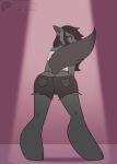 angie_imagines animated anomaly anthro anus bottomwear butt canid canine canis choker clothing denim denim_bottomwear denim_clothing denim_shorts female glowing glowing_eyes hi_res hotpants jewelry looking_back mammal necklace sami_(whisperfoot) shorts solo stained_clothing tail tail_motion tailwag tongue tongue_out wolf