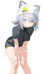  1girl absurdres animal_ear_headwear animal_ears animal_hat arknights arknights:_endfield bandaid bandaid_on_cheek bandaid_on_face bike_jersey black_bodysuit blue_eyes blush bodysuit breasts cat_ears cat_girl colored_eyelashes covered_collarbone estella_(arknights) extra_ears feet_out_of_frame gloves grey_gloves grey_hair hands_on_own_thighs hat hat_with_ears highres leaning_forward looking_at_viewer medium_breasts open_mouth shenqi_xiaohuang short_hair short_sleeves simple_background skindentation solo squeans standing sweat thigh_strap thighs tight_clothes white_background 