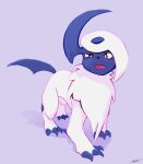  absol bright_pupils claws commentary_request full_body half-closed_eye likey no_humans open_mouth pokemon pokemon_(creature) purple_background red_eyes signature solo white_pupils 