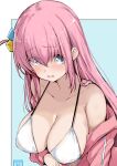  1girl bikini blue_background blue_eyes blush bocchi_the_rock! border breasts collarbone commentary_request cube_hair_ornament embarrassed gengoroh gotoh_hitori hair_between_eyes hair_ornament highres jacket large_breasts long_hair looking_at_viewer one_side_up open_clothes open_jacket pink_hair pink_jacket solo swimsuit track_jacket white_bikini white_border 