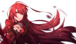  1girl absurdres black_gloves bloody_queen_(elsword) breasts cleavage closed_mouth elesis_(elsword) elsword gloves highres long_hair looking_at_viewer medium_breasts red_eyes red_hair simple_background solo tattoo upper_body white_background yumuto_(spring1786) 