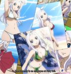  armpits bare_shoulders bathing_suit beach bikini blue_eyes breasts cap cleavage clouds dress fairy_tail high_heels long_hair midriff mirajane navel photo_(object) photos rocks sand smile swimsuit white_hair 