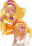  1girl amamiya_erena bare_shoulders blonde_hair choker commentary_request cure_soleil dark_skin dual_persona earrings hair_ornament jewelry long_hair looking_at_viewer magical_girl precure purple_eyes shiruppo smile solo star star_hair_ornament star_twinkle_precure 