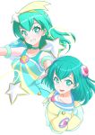  1girl aqua_hair blue_eyes blue_hair choker commentary_request cure_milky earrings hagoromo_lala hair_ornament jewelry looking_at_viewer magical_girl open_mouth pointy_ears precure shiruppo short_hair smile solo star star_earrings star_hair_ornament star_twinkle_precure wrist_cuffs 