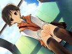  1girl boots brown_hair dutch_angle female game_cg indoors maho_hazuki mitsumi_misato panties short_hair sitting sky solo tenshi_no_inai_12-gatsu underwear 