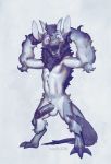  anthro balls flexing half-erect humanoid_penis kobold korichi looking_at_viewer male monochrome open_mouth penis smile solo standing uncut 
