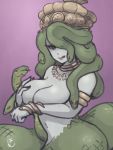  1girl :p armlet breasts female green_hair harusame10000 jewelry lamia large_breasts monster_girl necklace no_nipples original snake_hair solo tongue tongue_out 