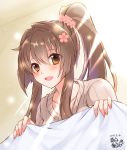  0yukiya0 1girl artist_logo bed_sheet beige_sweater brown_hair cherry_blossoms commentary_request dated flower hair_flower hair_ornament kantai_collection light_rays long_hair looking_at_viewer open_mouth ponytail smile solo sunbeam sunlight upper_body yamato_(kantai_collection) 