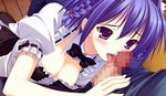  1boy 1girl breasts cleavage fellatio game_cg himukai_kyousuke oral orihara_ai owari_naki_natsu_towa_naru_shirabe penis purple_eyes purple_hair 