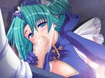  1boy 1girl akaza bb blue_eyes blush breasts censored china_dress chinadress chinese_clothes cleavage_cutout dress elbow_gloves fellatio game_cg gloves green_hair large_breasts oral penis 