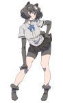  1girl arm_support bangs bare_legs bike_shorts black_hair blush bow bowtie brown_bear_(kemono_friends) brown_eyes collared_shirt extra_ears eyebrows_visible_through_hair fingerless_gloves floating_hair full_body fur-trimmed_footwear fur_trim gloves grey_hair hand_on_hip hand_on_own_knee highres kemono_friends leaning_forward looking_to_the_side microskirt multicolored_hair outstretched_arm parted_lips shirt shoes short_hair short_sleeves shorts shorts_under_skirt sidelocks simple_background skirt solo standing tanabe_(fueisei) two-tone_hair white_background wind wing_collar 