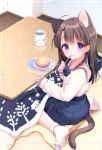  1girl :t ahoge animal_ear_fluff animal_ears bangs blue_bow blue_skirt blush bobby_socks bow brown_hair cat_ears cat_girl cat_tail closed_mouth commentary_request cup extra_ears eyebrows_visible_through_hair food fork hair_between_eyes holding holding_fork indoors kotatsu long_hair long_sleeves looking_at_viewer looking_to_the_side mug no_shoes original piyodera_mucha plate pleated_skirt purple_eyes sailor_collar school_uniform serafuku shirt sitting skirt sleeves_past_wrists socks soles solo table tail wariza white_legwear white_sailor_collar white_shirt work_in_progress 