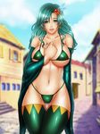  adapted_costume aqua_eyes aqua_hair bangs bare_shoulders bikini blue_sky blush breasts breasts_apart building cameltoe cloud covered_nipples cowboy_shot curvy day detached_sleeves earrings feathers final_fantasy final_fantasy_iv fingernails gem green_bikini green_legwear groin hair_between_eyes hair_ornament hand_on_own_chest jewelry large_breasts lips long_fingernails long_hair long_sleeves looking_at_viewer micro_bikini momoman_(pink_voltage) navel outdoors partially_visible_vulva road rydia shiny shiny_clothes shiny_hair sky smile solo stairs standing star star_earrings star_hair_ornament string_bikini swimsuit thigh_gap thighhighs town underboob wavy_hair wide_hips 