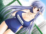  1girl blue_hair breasts dutch_angle erect_nipples game_cg huge_breasts long_hair nerine one-piece_swimsuit outdoors photoshop pointy_ears red_eyes school_swimsuit shuffle! sky solo swimsuit 