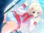  1boy 1girl against_fence ass bent_over blonde_hair blush fence fujimi_yukari game_cg outdoors panties purple_eyes satou_satoru school_uniform short_hair skirt skirt_lift sky tsukushite_ageru_no_ni! underwear 