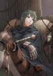  1girl armor belt buckle claymore_(sword) cloak gauntlets grey_hair highres holding holding_weapon hood jewelry jun_(seojh1029) long_hair necklace original red_eyes scabbard sheath solo sword weapon zweihander_(seojh1029) 