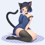  1girl animal_ears arm_between_legs bangs bare_shoulders black_choker black_hair black_legwear black_tank_top blue_eyes blue_hair blue_shirt blunt_bangs cat_ears cat_girl cat_tail choker commentary_request ear_piercing earrings fang finger_to_mouth flat_chest highres jewelry multicolored_hair off-shoulder_shirt off_shoulder open_mouth original piercing shirt short_hair single_sleeve single_thighhigh sitting sleeves_past_wrists smile solo strap_slip tail thighhighs thighs torn_clothes torn_shirt two-tone_hair wariza yoridoriyk 