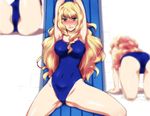 1girl ass blonde_hair blue_eyes blush breasts crotch female hairu large_breasts long_hair lying macross macross_frontier navel on_back sheryl_nome solo swimsuit white_background 