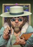  1other beard brown_hair chest_hair commentary drawfee drawtectives dwarf english_commentary facial_hair fur-trimmed_jacket fur_trim grendan_highforge hairy hat highres holding jacket leaf lips looking_at_viewer male_focus mutton_chops pen sanpaku solo sunglasses tmblyeet upper_body 