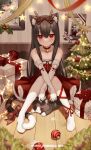  1girl absurdres animal_ears antlers bangs bare_shoulders bell black_hair bow box cat_ears cat_girl cat_tail choker christmas christmas_ornaments christmas_tree collarbone commentary_request copyright_request dress elbow_gloves fur-trimmed_dress fur-trimmed_gloves fur_trim gift gift_box gloves hair_between_eyes hair_bow highres indoors jingle_bell knees_together_feet_apart knees_up long_hair miyayoki neck_bell on_floor pantyhose photo_(object) red_choker red_dress red_eyes reindeer_antlers sitting snowflakes solo star_(symbol) strapless strapless_dress striped striped_bow stuffed_animal stuffed_cat stuffed_toy tail very_long_hair virtual_youtuber white_gloves white_pantyhose wooden_floor 