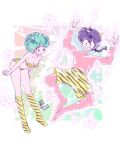  1boy 1girl ;t animal_print bare_shoulders bikini braid breasts cleavage collarbone commentary_request cone_horns cosplay cosplay_request electricity full_body fur_bikini green_hair highres horns leaning_forward lum lum_(cosplay) midriff one_eye_closed print_bikini print_boots punch121ykk purple_hair ranma_1/2 saotome_ranma short_hair single_braid small_horns strapless strapless_bikini striped_horns swimsuit tendou_akane tiger_panties tiger_print urusei_yatsura yellow_bikini yellow_horns 