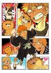  1girl 2boys absurdres anger_vein black_pants bleach chinese_text clenched_teeth closed_mouth full_body heart highres kon_(bleach) kurosaki_ichigo layered_sleeves long_sleeves looking_at_viewer multiple_boys multiple_views orange_hair pants shihakusho short_hair short_over_long_sleeves short_sleeves standing teeth translation_request xi_luo_an_ya 