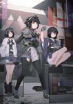  3girls absurdres assault_rifle black_hair character_request flag gun headband headphones highres holding holding_gun holding_weapon japanese_clothes multiple_girls nusisring_tactical one_eye_closed rifle shell_casing shooting_range suppressor vectorek weapon 