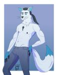  absurd_res anthro black_hair blue_body blue_ears blue_eyes blue_fur bottomwear briefthief clothed clothing dipstick_tail fingerless_(marking) fingers fur gloves_(marking) grey_bottomwear grey_clothing grey_pants hair hi_res inner_ear_fluff male markings neck_tuft pants ponytail shirtless shirtless_anthro shirtless_male simple_background solo standing tail tail_markings topwear tuft whiskers white_body white_fur 