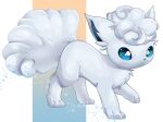  alolan_vulpix animal_focus artist_name bangs blue_eyes closed_mouth commentary dot_mouth full_body leg_up multicolored_background no_humans pokemon pokemon_(creature) shia_(shi12_poke) short_hair signature solo standing white_background white_hair white_theme 