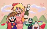  1girl 3boys after_kiss alcohol bottle brooch champagne champagne_bottle commentary covering_another's_eyes crown donkey_kong_jr. dress drunk english_commentary facial_hair foam hat headwear_switch height_difference highres holding holding_bottle jewelry large_nose lipstick_mark lipstick_mark_on_another's_lips lipstick_mark_on_face lipstick_mark_on_nose lowkeydracula luigi mario mario_(series) mario_kart messy_hair mini_crown multiple_boys mustache overalls pink_dress princess_peach racetrack red_hat short_male 