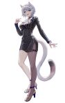  1girl absurdres alternate_costume animal_ear_fluff animal_ears asymmetrical_clothes blue_eyes bow bra bra_peek breasts cat_ears cat_girl cat_tail choker cipher_(honkai:_star_rail) cleavage commentary_request full_body grey_hair high_heels highres honkai:_star_rail honkai_(series) isome jacket medium_breasts multicolored_hair office_lady open_clothes open_jacket pantyhose partially_unzipped pencil_skirt single_leg_pantyhose skirt streaked_hair tail thigh_strap underwear white_background 