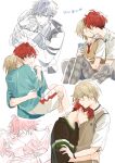  2boys amagi_hiiro bangs blonde_hair blue_eyes blue_necktie blue_shirt blush bracelet carrying closed_mouth collared_shirt commentary_request ear_piercing ensemble_stars! green_eyes hair_between_eyes hand_on_another&#039;s_arm hand_on_another&#039;s_back hand_on_another&#039;s_head hand_on_another&#039;s_shoulder hand_on_another&#039;s_waist holding holding_phone hug jewelry kiss layered_clothes long_sleeves male_focus multiple_boys necklace necktie pants partial_commentary phone piercing plaid plaid_pants princess_carry red_hair red_necktie school_uniform seuga shiratori_aira_(ensemble_stars!) shirt short_hair short_sleeves sitting_between_lap sweater_vest white_background yaoi 